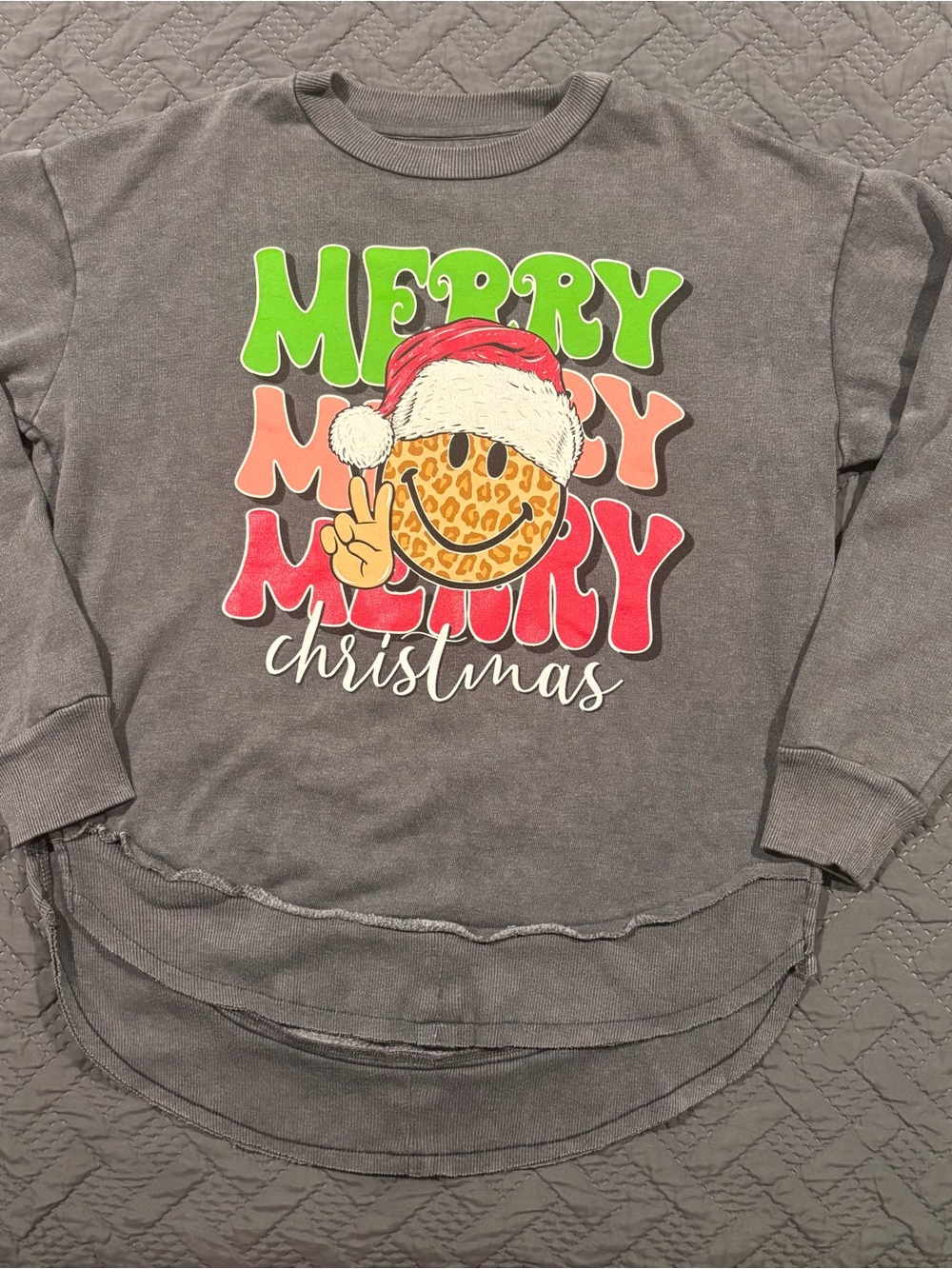 Simply Southern Gray Holiday 'Merry' Graphic Sweatshirt with Leopard Smiley